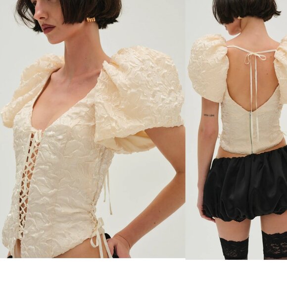 NEW FOR LOVE AND LEMONS FROSTED ORGANZA LACE-UP FRONT TOP IN CREAM SIZE S - Picture 1 of 6